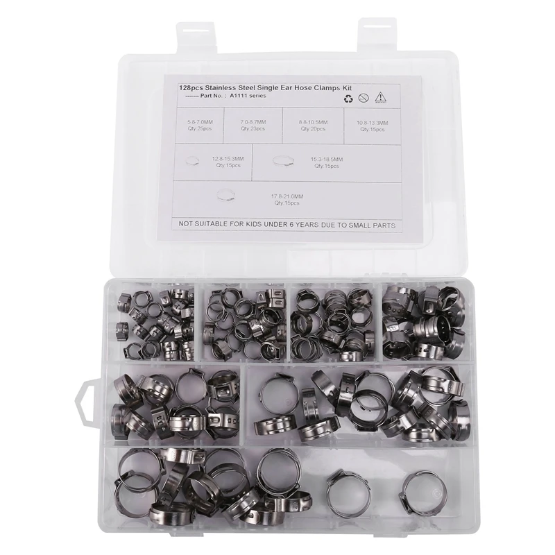 304 Stainless Steel Single Ear Non-Steel Hose Clamp Classification Kit, 128 Pieces