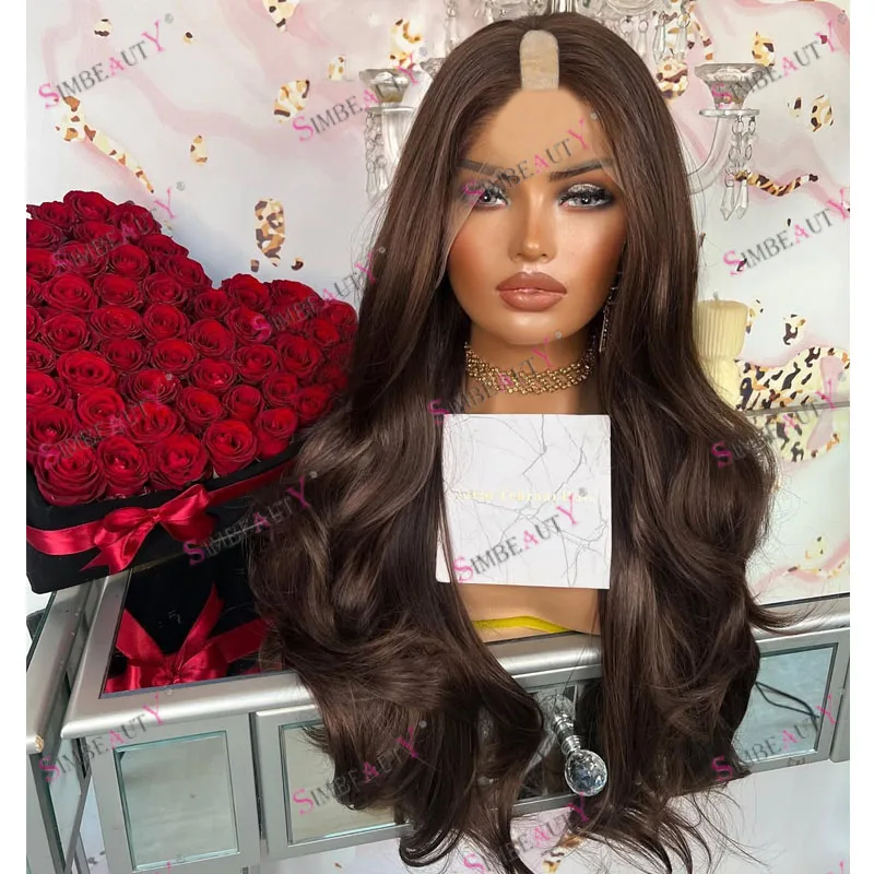 

Side Middle Part 1x4 Size U Shaped Human Hair Dark Chocolate Brown Wavy Wigs for Black Women Natural Opening V Part Wigs Adjust