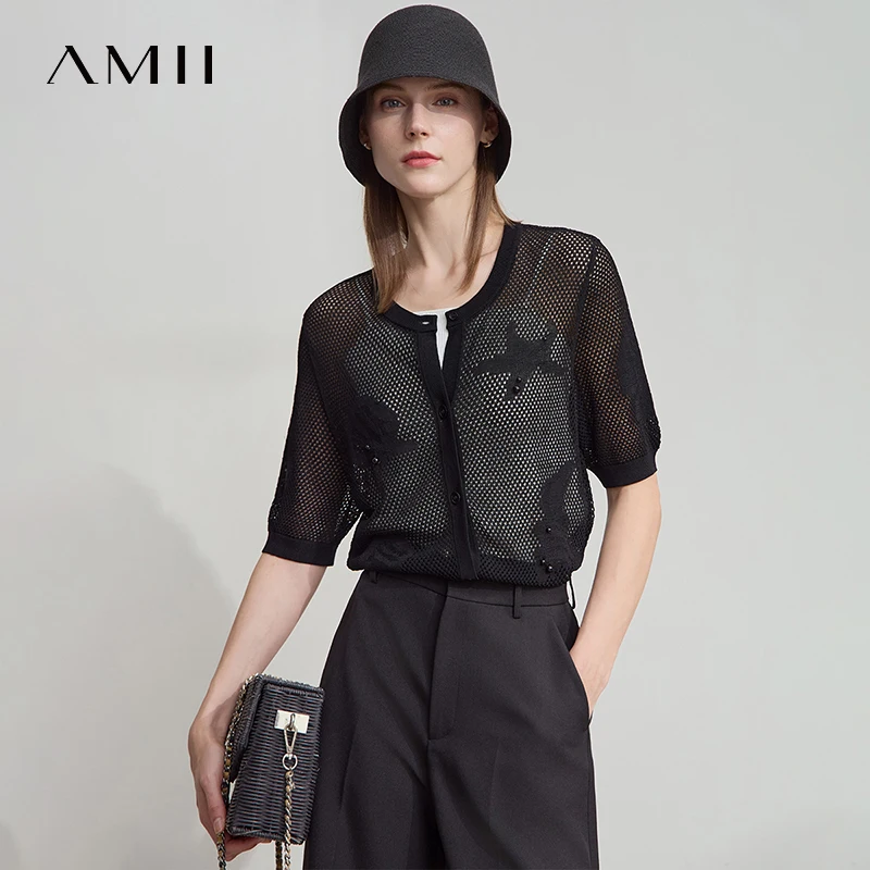 

AMII Minimalist Office Lady Sweaters Women 2025 Short Sleeve Round Neck Jacquard Loose Knitted Cardigan Woman Fashion 12552093