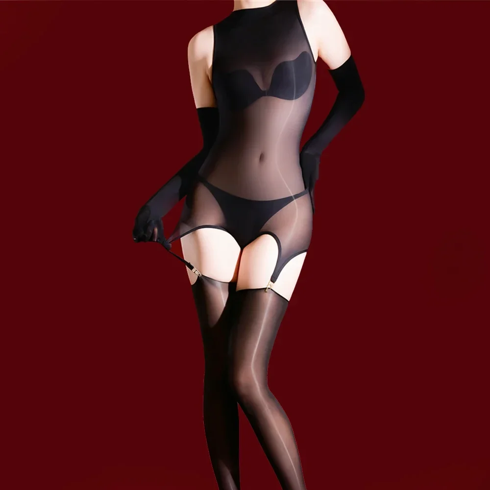 Women Sexy Hollow Out Backless Bodysuit 3Pcs Yoga Shaping Elastic Tights Maid Leotard With Glove Garter Stockings Set Club Wear