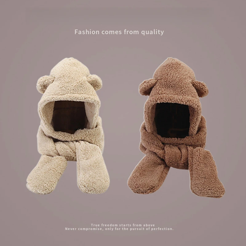 

New Autumn Winter Bear Hat Scarf Mask All-in-One Women's Hot Style Cute Keep Warm Hooded Plush Three-Piece Set