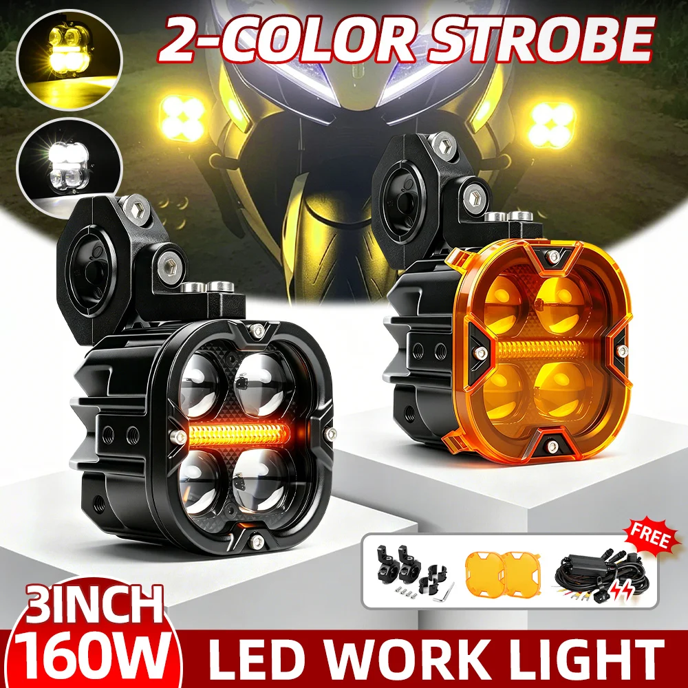 UNISHINE Superhelles Fern- und Abblendlicht Gelber Scheinwerfer Offroad 120W 3 Zoll LED Motorradlicht Nebelscheinwerfer für GN125 GSX250 R 1300 Gs rs Offroad-Einsatz