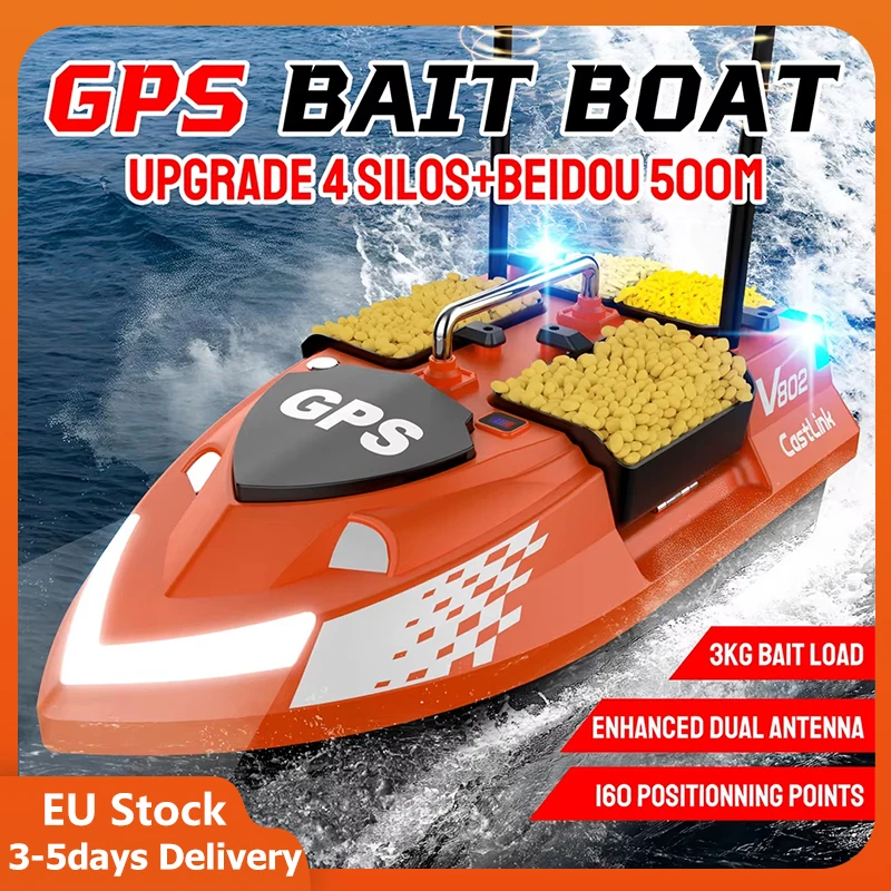 LOKEEVAN V802 PRO Köderboot für Karpfenangeln mit GPS-Dualantenne, 4 Futterbehältern und Beleuchtung, Fernbedienung bis zu 500m Köderwerfer