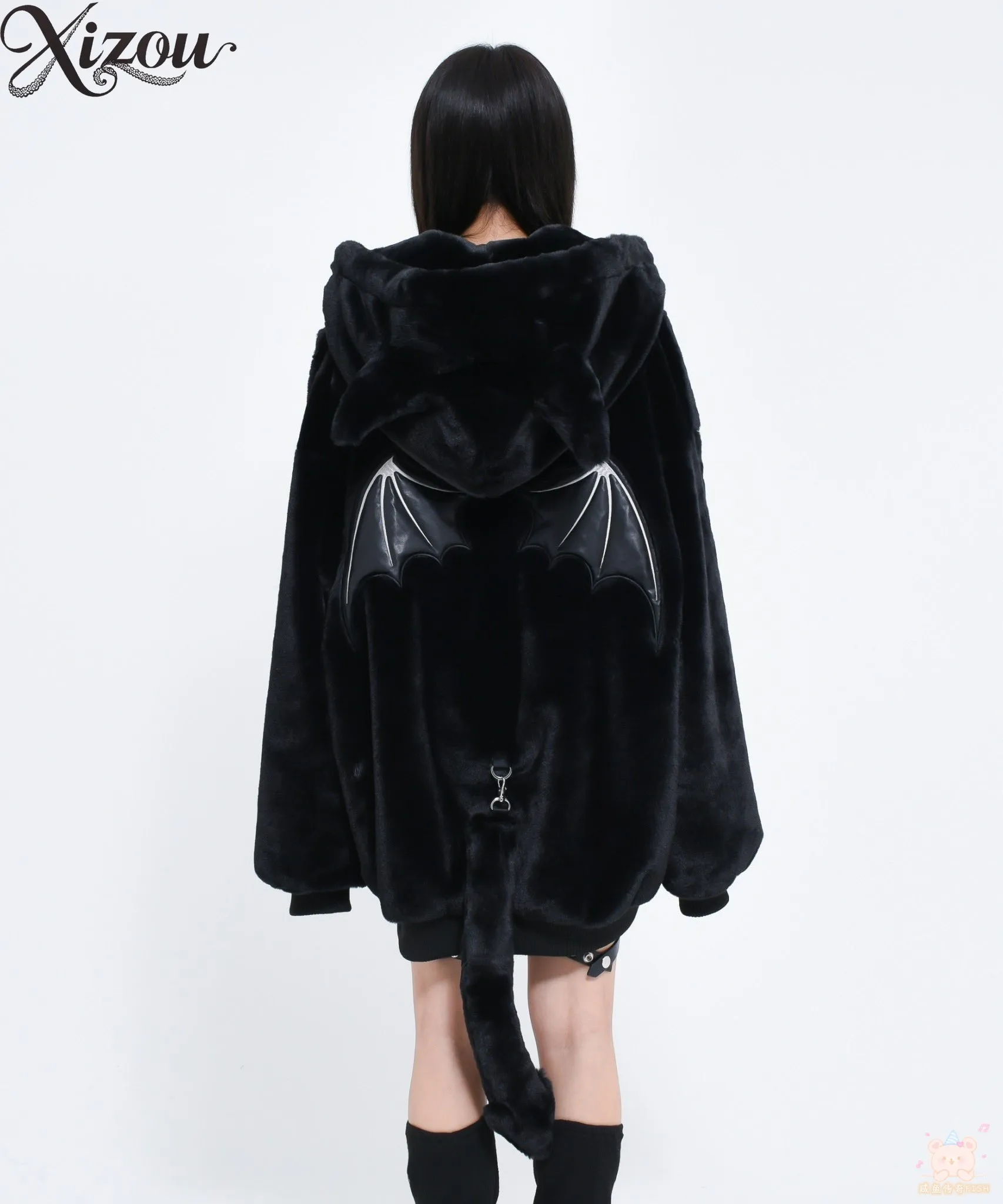 معطف فرو ياباني من القطيفة لعام 2025 للنساء للشتاء سميك ودافئ على شكل آذان الشيطان سترة بقلنسوة وسحّاب فضفاض Kawaii Y2K بلوزات كاساكو الشرير #3