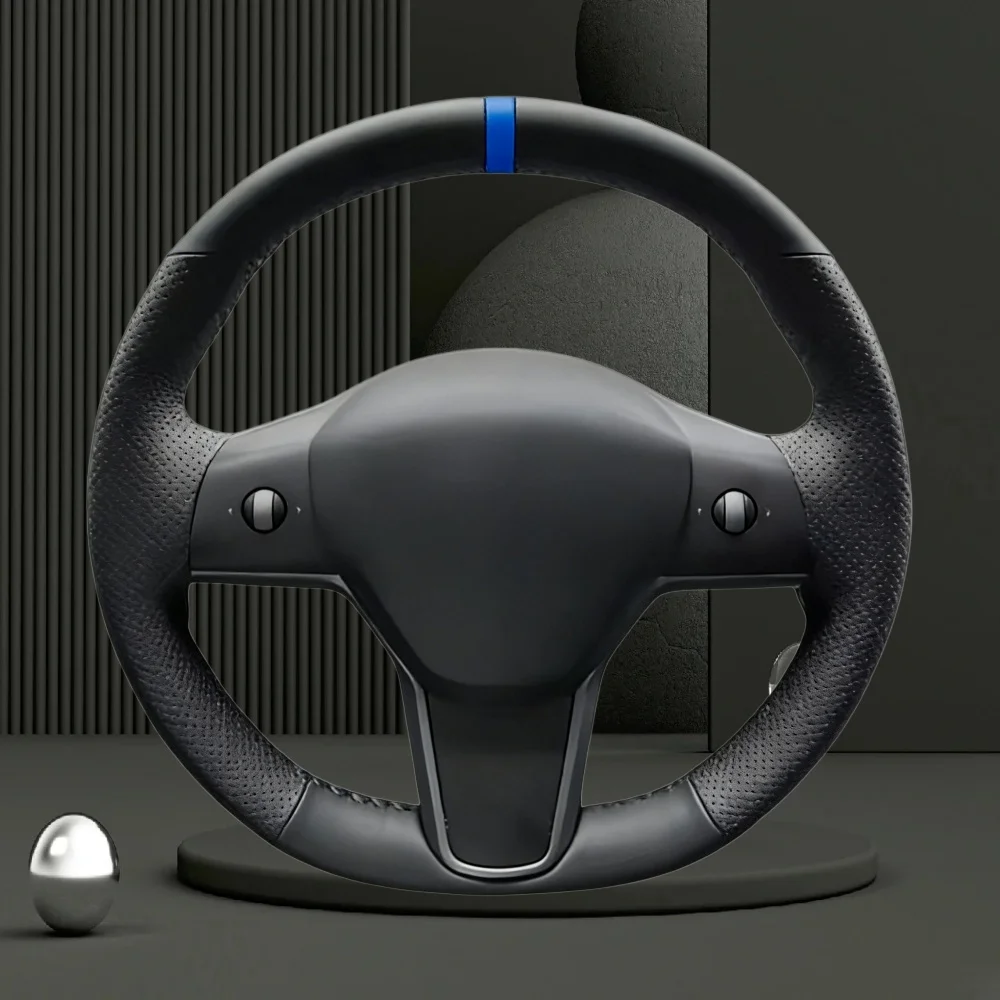 Handgenähter schwarzer perforierter rutschfester Mikrofaser-Leder-Lenkradbezug für Tesla Model 3, Modell Y 2017-2023
