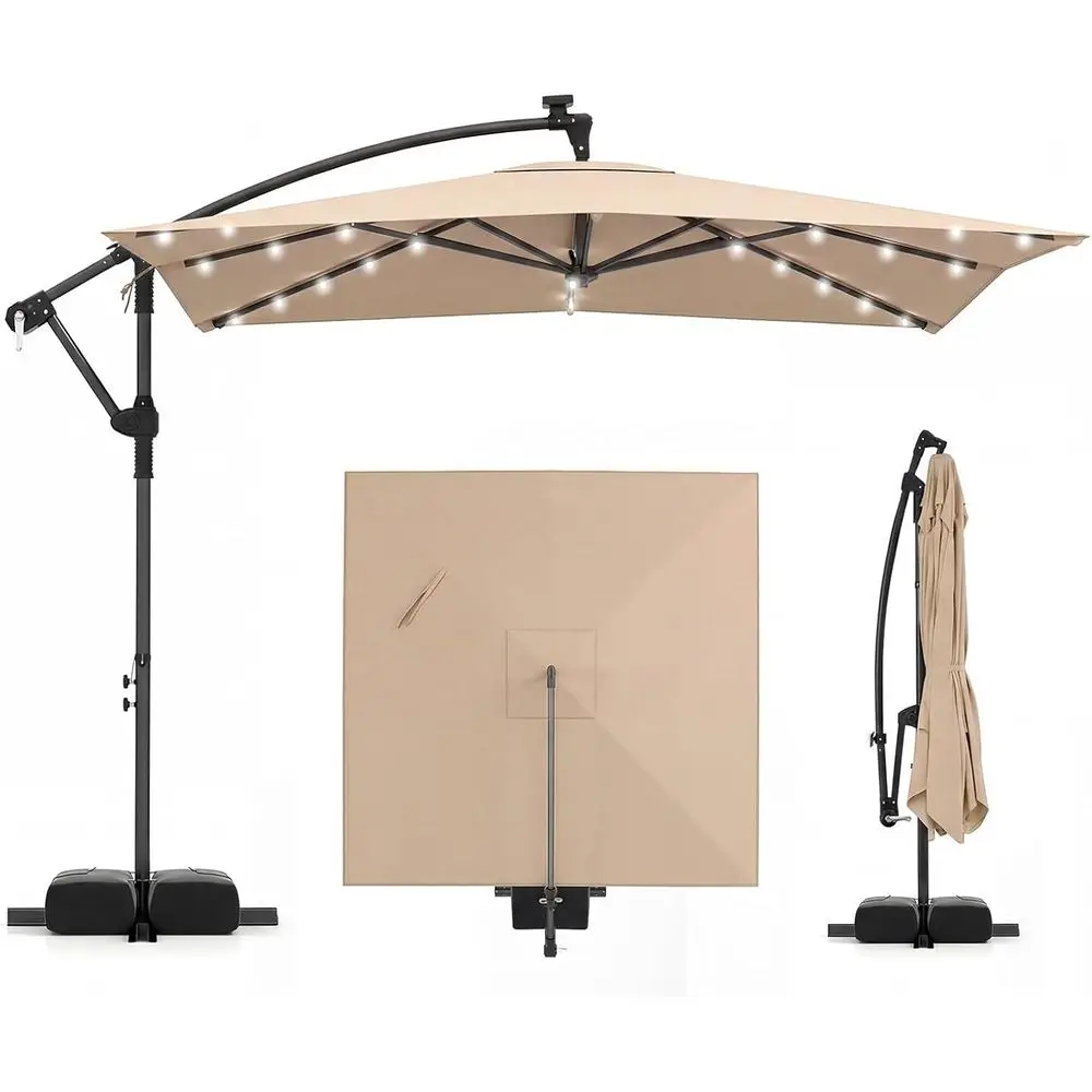 

8x8 Square Cantilever Patio Umbrella with Base, 360° Rotation, LED Lights, Crank, Sandbags, Vent for Outdoor Decks