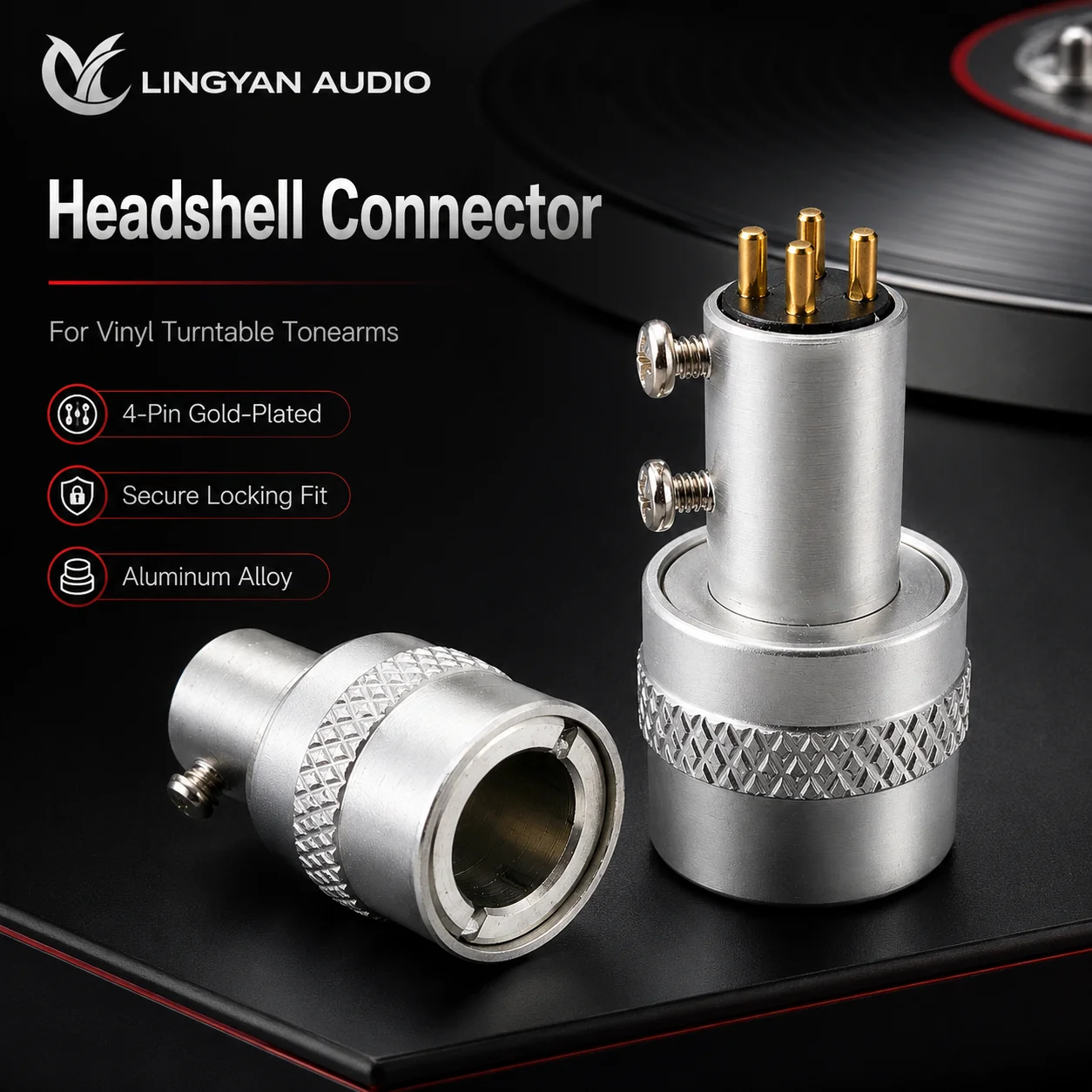 4-Pin Tonearm Headshell Connector 8mm Aluminum Alloy Gold-Plated Contacts for Turntable Repair DIY with Lead Wires Screw Kit