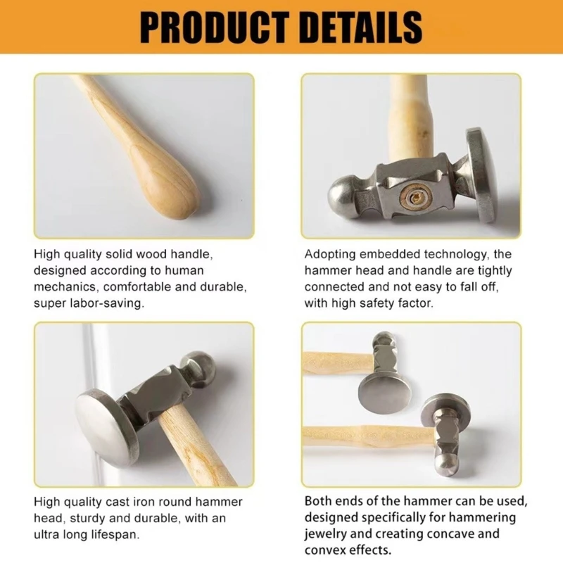 Jewelry Making Chasing Hammer Round and Flat Faced Small Hammers DIY Craft Tool Wood Handle Hammer for Jewelry Craft Making