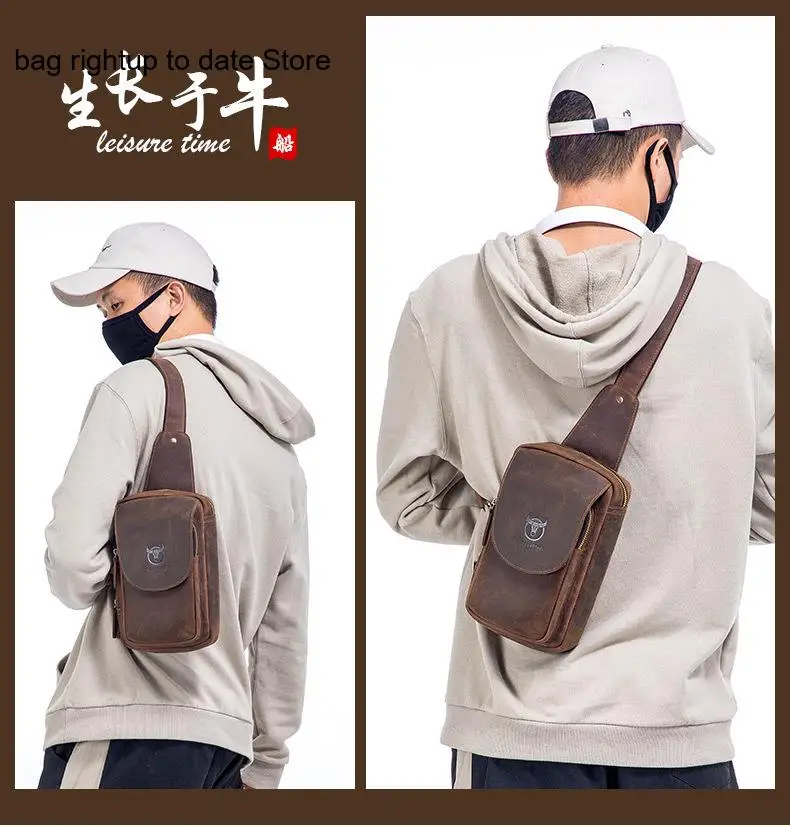 Genuine Cowhide Leather Pure Color Single Shoulder Crossbody Phone Ipad Chest Bag Men