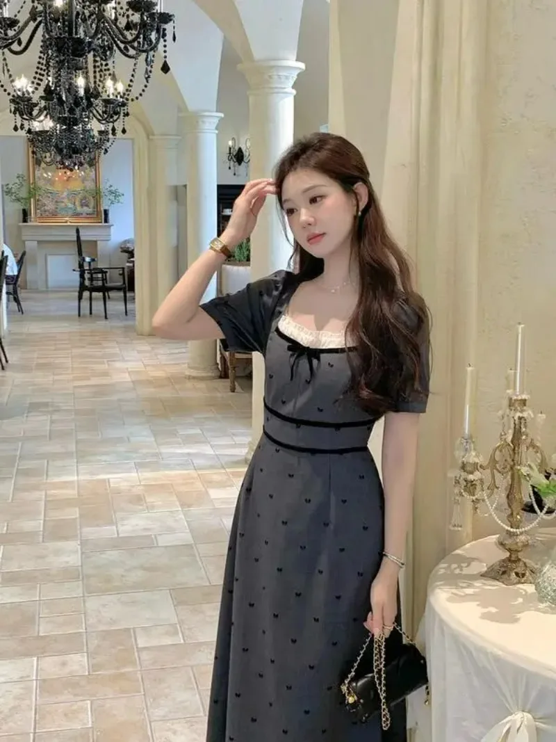 Korean Fashion Retro Square Neck Floral Dress Women 2025 New Summer Temperament Long Cinched Waist Dresses