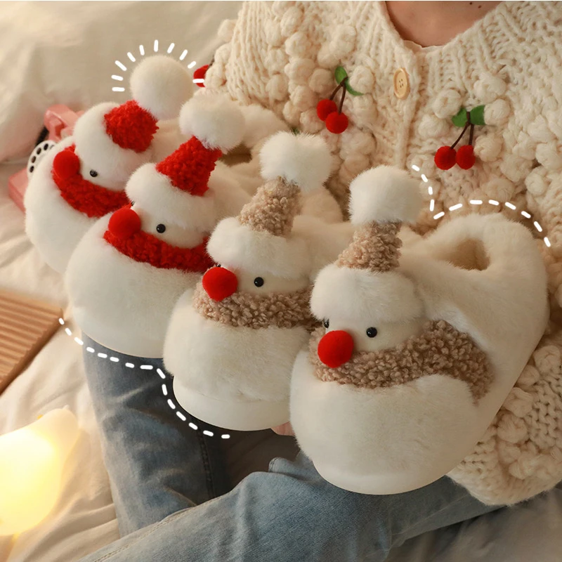 Furry Santa Claus household slippers with heel wrapped,non slip thick sole cute Christmas warm shoes for men and women,winter