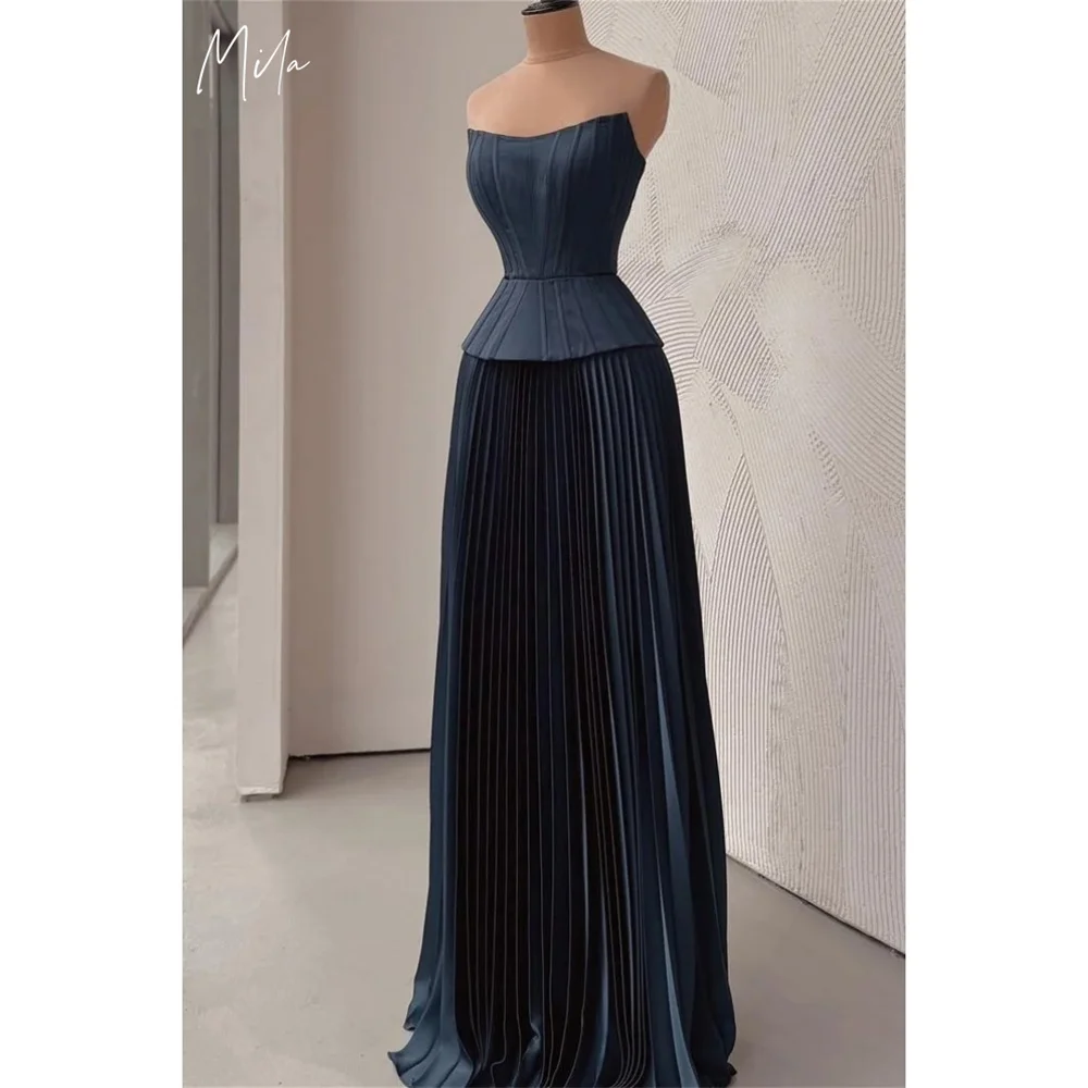 

Mila Темно-синие драпированные платья для выпускного вечера без бретелек без рукавов Индивидуальные вечерние трапециевидные платья длиной до пола, платья de fiesta 2025