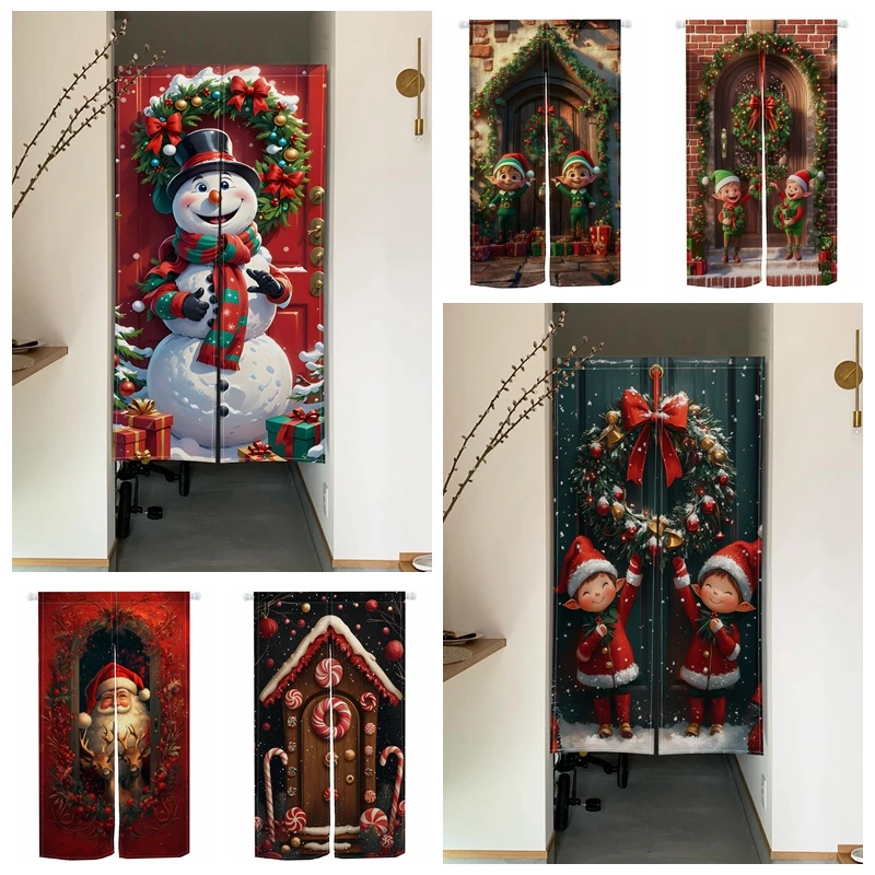Winter Christmas Noren Door Curtains Snowman Elf Wreath Izakaya Dining Room Partition Linen Doorway Curtain Kitchen Half Curtain