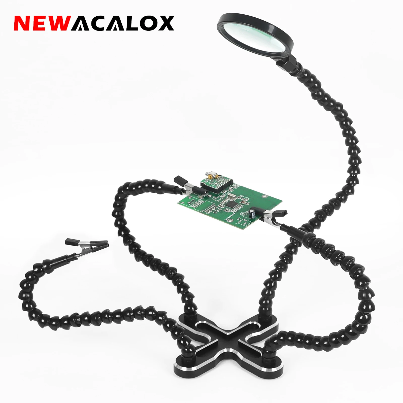NEWACALOX PCB Welding Bracket 3X Magnifying Lens Flexible Arm Soldering Third Helping Hands Tool Welding Fixture Kit