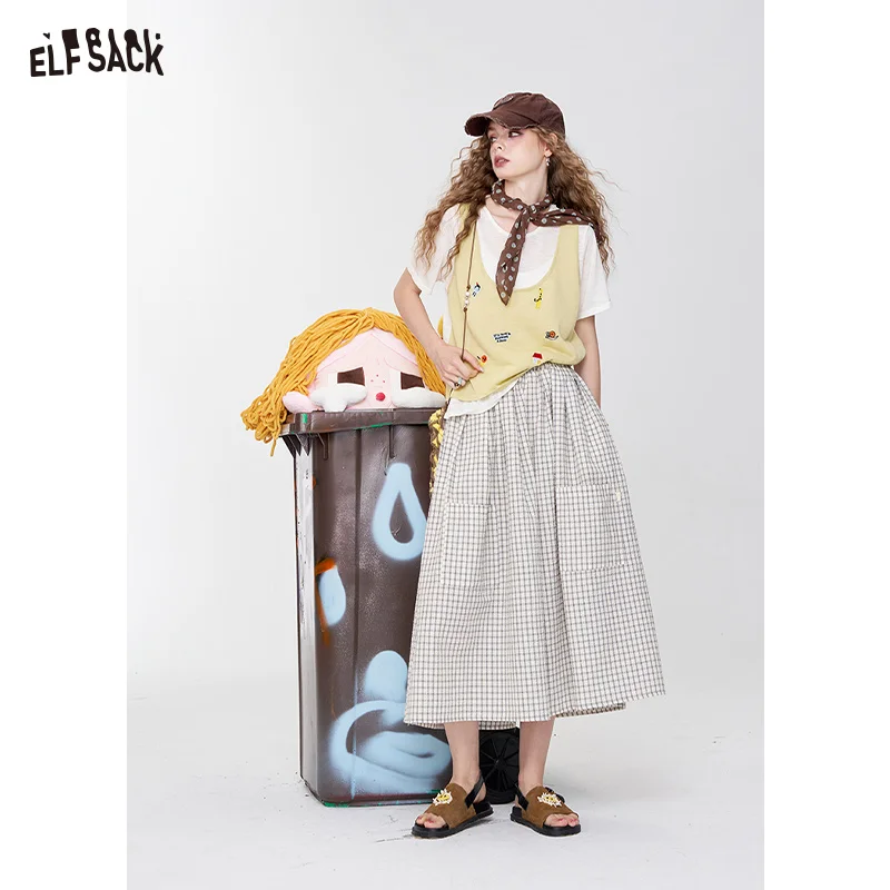 ELFSACK 2025 Summer New Arrival Retro Casual Plaid Wide-Legged Trousers Loose Thin Ankle-length Pant Culotte For Woman