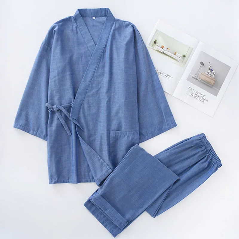 Pure Cotton Japanese Kimono Traditional Summer Autumn Pajamas Set Yukata Women Men Causal Long Sleeve Home Clothes Kimono Suit