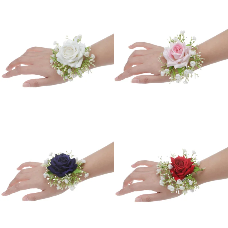 White Fashion Boutonniere Wedding Artificial Flower Accessories Groom Buttonhole Wrist Flowers Silk Roses Bridesmaids Bracelets