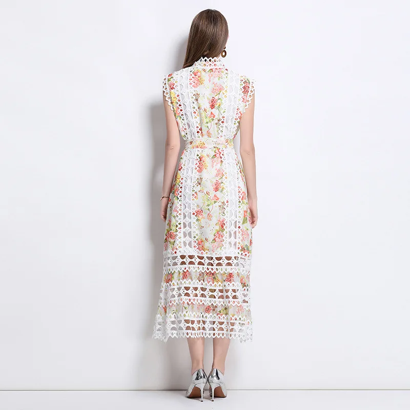 Ele Hollow Out Lace A-lijn Rok Stand Kraag Afslanken Zomer Hof Sle Dames Dr Faionable Chinese Thi Stof