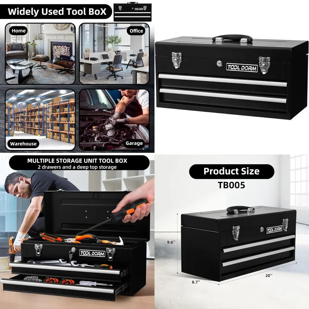 

Портативный стальной ящик для инструментов со съемным вкладышем, запираемый, для использования в гараже и мастерской (черный, 2 ящика)