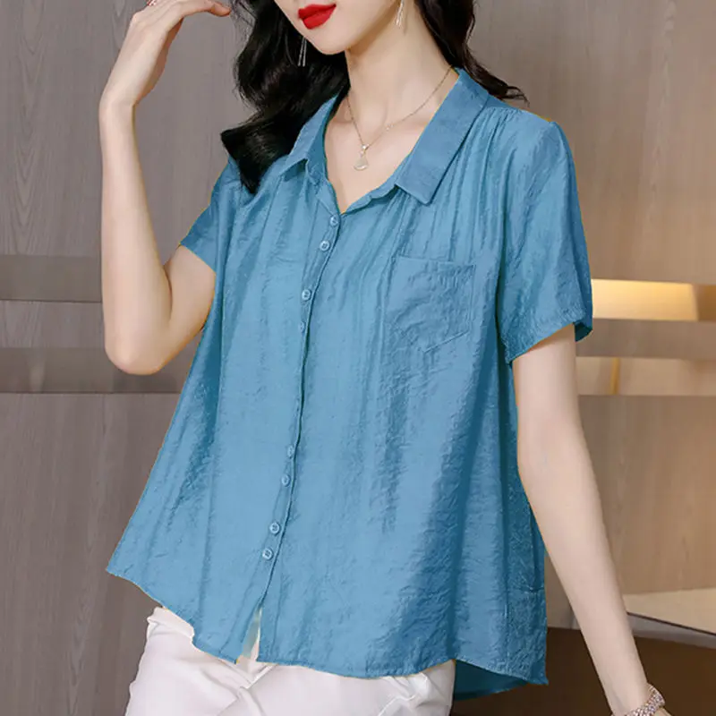 Women Summer Simplicity Loose Elegant Solid Color Cotton and Linen Polo-Neck Short Sleeve Shirts Ladies Casual Appear Thin Tops