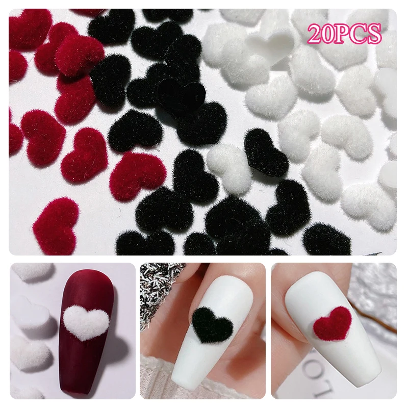 20pcs Nail Charm 3D Flocking Velvet Nail Enhancement Accessory Fluffy Nail Jewelry DIY Manicure Plush Love Heart Nail Art Decor