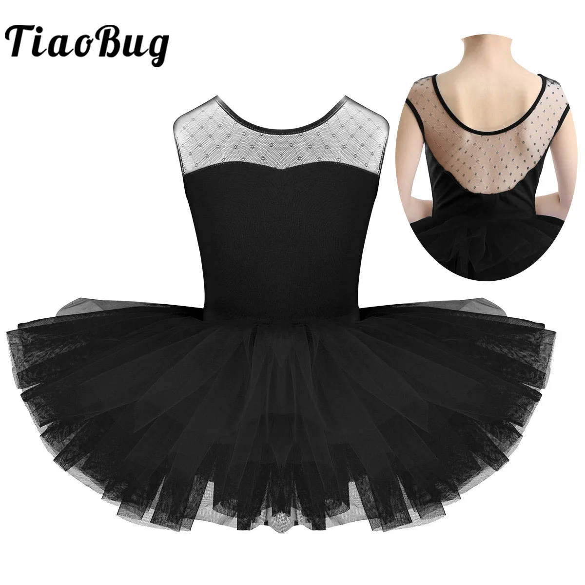 Kids Girls Tutu Ballet Dress Sleeveless Stretch Mesh Splice U-shaped Back Ballerina Dancewear Gymnastics Leotard Party Costumes