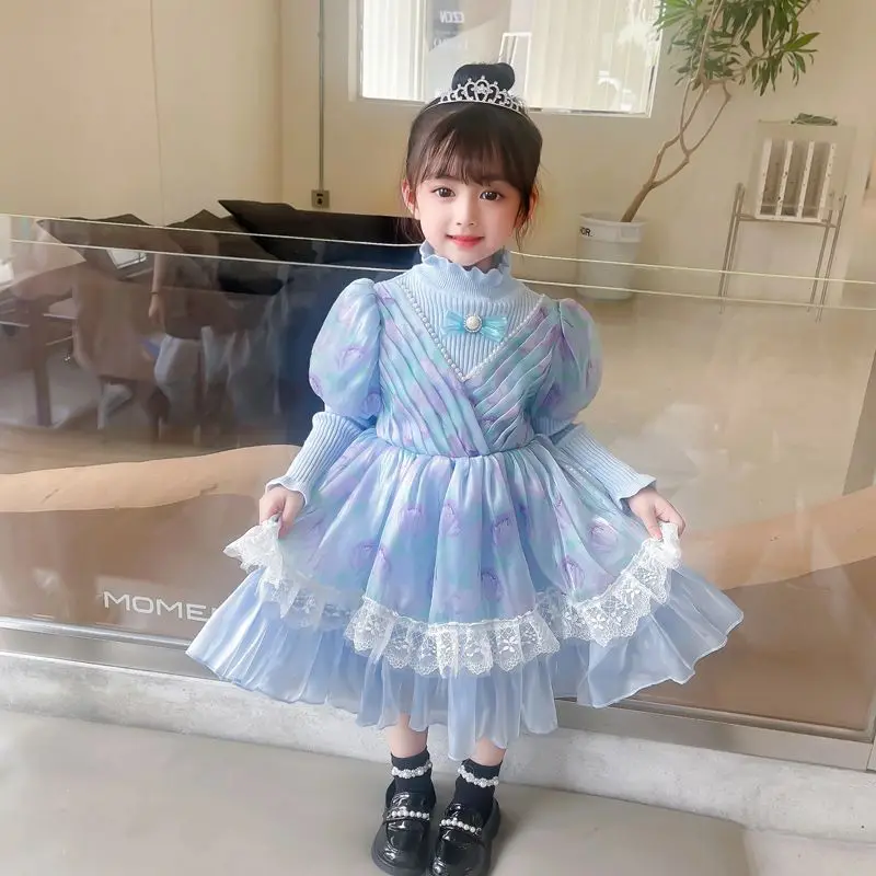 

Girls' Spring and Autumn Lolita Velvet Padded Dress 2023 New Children's Knitted Birthday