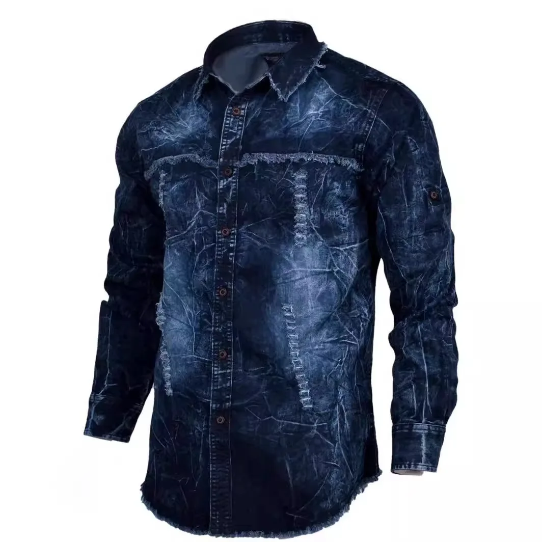 

Tie-Dye Ombre Denim Shirt Men, Washed Long Sleeve Jeans Shirts For Man, Slim Fit Trendy Men's Clothing