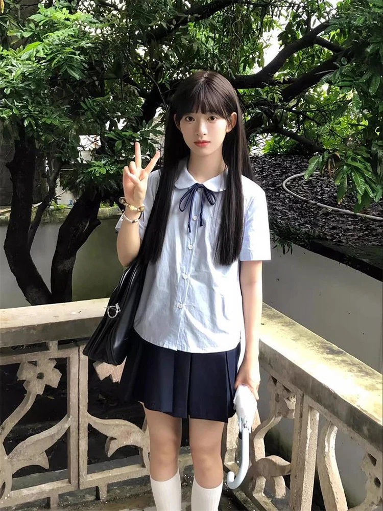

High Waist Pleated Skirt And Short Sleeve Shirt Doll Collar JK Uniform Women Fashion Set Summer New Arrival Collar ...