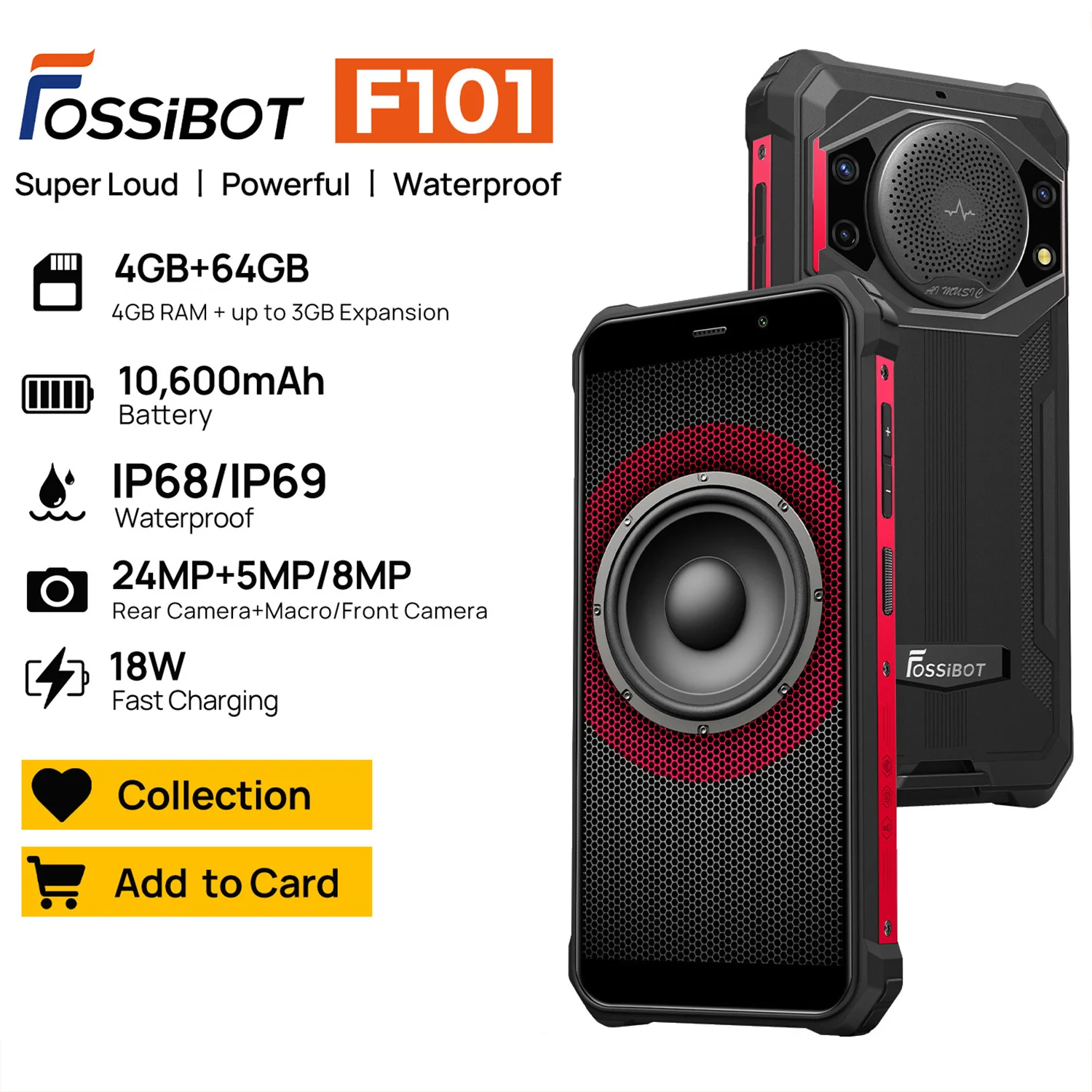 FOSSiBOT F101,Smartphone,10600mAh Battery,4GB+64GB,24MP, Cell Phone, Large Speaker, IP68/IP69, Waterproof Mobile Phone