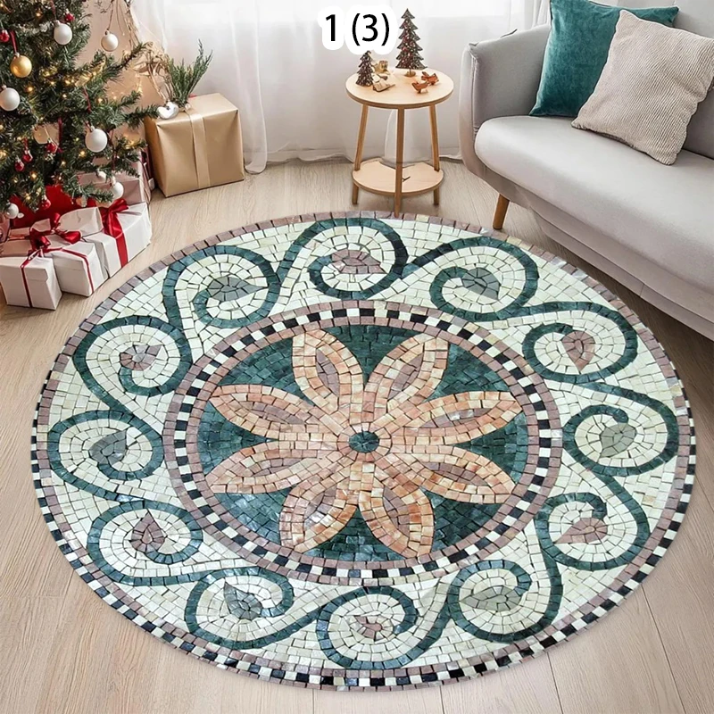 Mosaic Floral Round Rug, Vintage Mediterranean Tile Print Floor Mat Non-Slip Boho Living Room Carpet Luxury Bohemian Home Decor