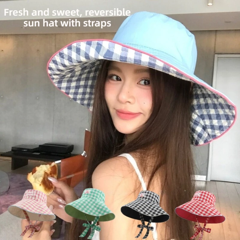1 Stück Retro Ins Süßer Karierter Bucket Hat mit Bindeband für Damen, Sommer-Sonnenhut mit Breiter Krempe, Doppelseitig Tragbar, Vielseitiger Fischerhut für Reisen