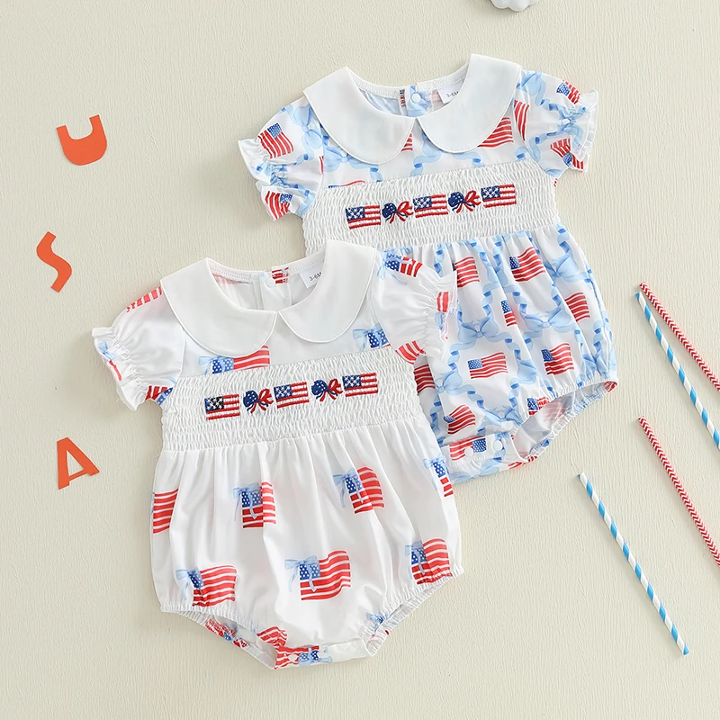 

Independence Day Summer Newborn Infant Baby Girls Clothes Short Sleeve Doll Collar Bow Flag Print Rompers Jumpsuit Outfits 0-18M