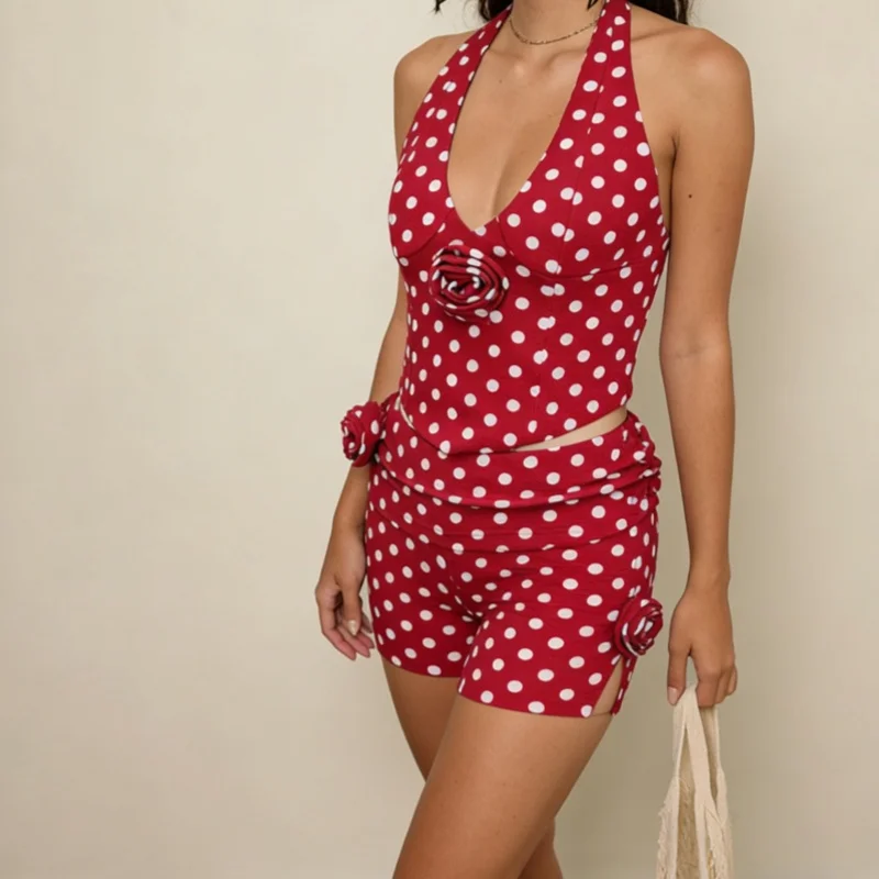

Women Polka Dot Set cute Vintage 3D Flower V Neck Sleeveless Crop Halter Tops and Fold Over Shorts Y2k Matching Sets