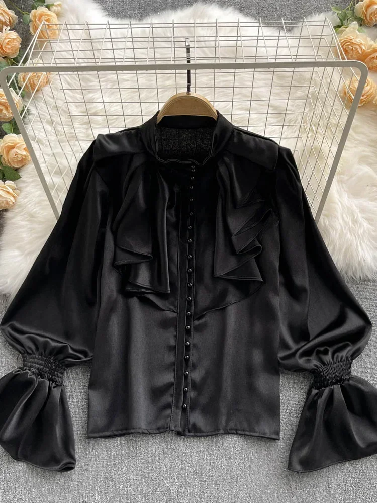 AltGoth Fairycore Elegant Satin Loose Shirt Long Flared Sleeves Ruffles O-Neck Beading Women Gentle Office Lady Casual Blouse