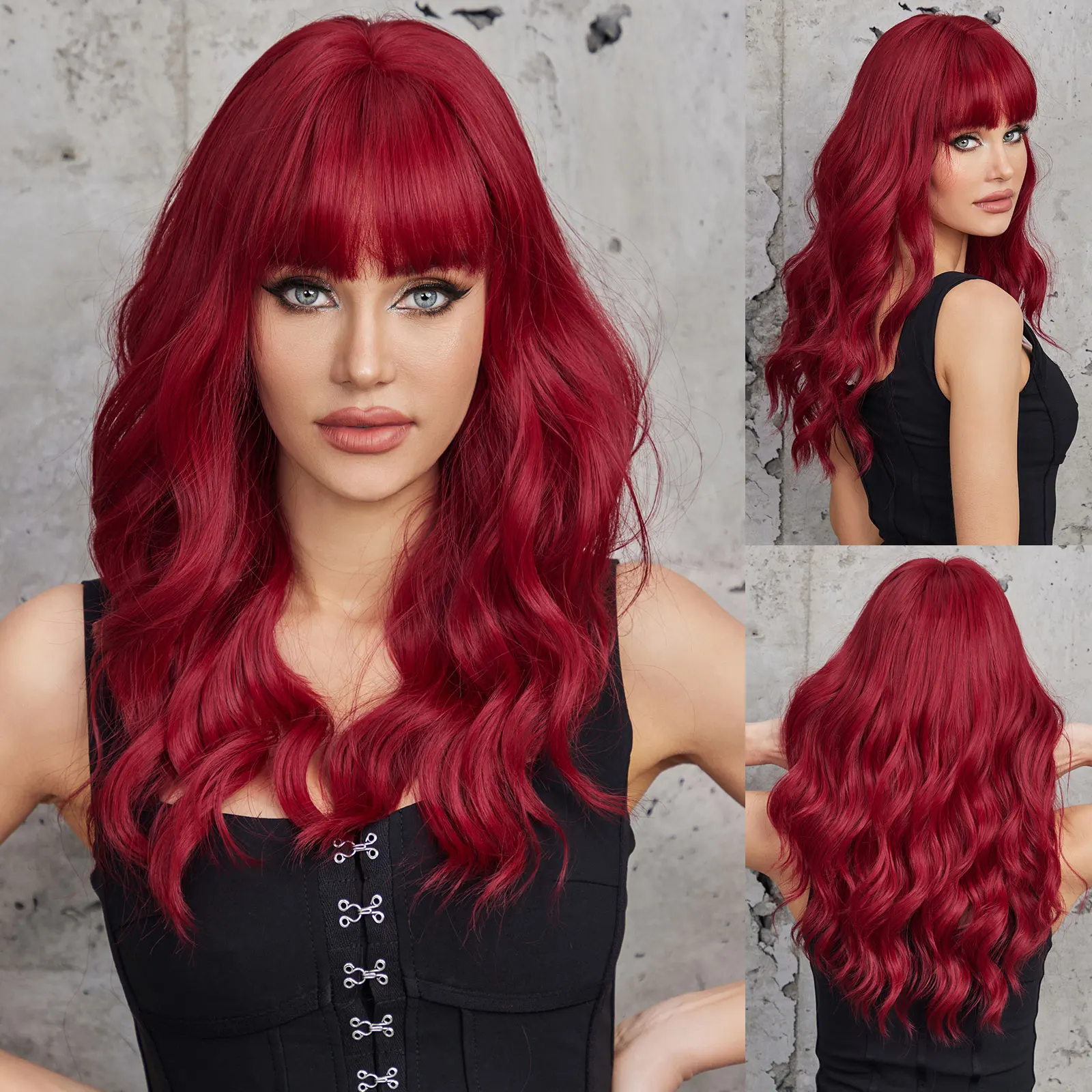 

Burgundy Red Colorful Wigs for Women Long Wavy Daily Party Use Wig with Bangs Natural Soft Synthetic Hair High Temperature Fiber