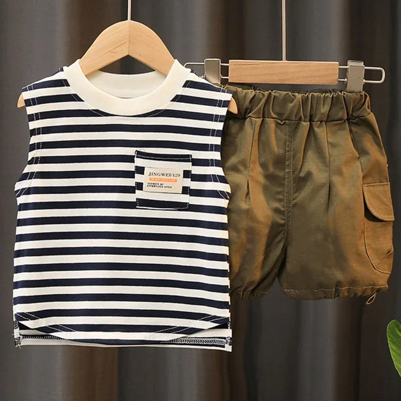 

2Piece Summer Toddler Boy Outfits Korean Fashion Casual Stripe Sleeveless Baby Tops+Shorts Kids Clothes Children's Sets B018