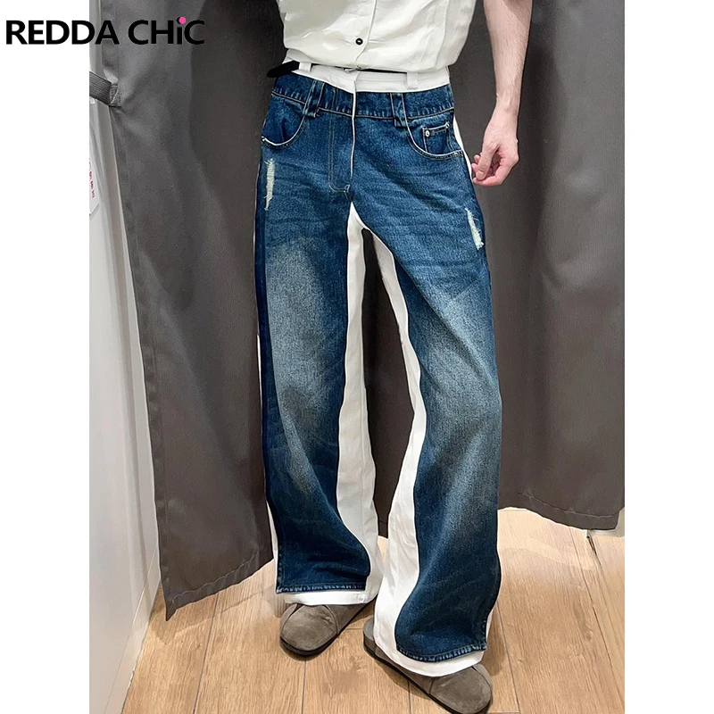 ReddaChic Color Block Patchwork Men's Jeans Do Old Whiskers Destroyed Low Waist Wide Leg Casual Pants Vintage Y2k Streetwear