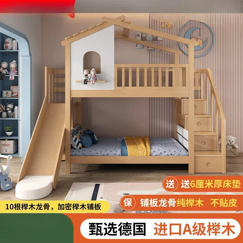 Beech tree house bed children's solid wood boys and girls child and mother  custom with slide high and low bunk