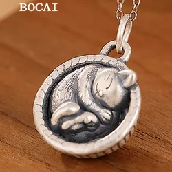 BOCAI NEW S990 Silver Retro Cute Creative Fashion Round Xing Cat Pendant Women's Gift