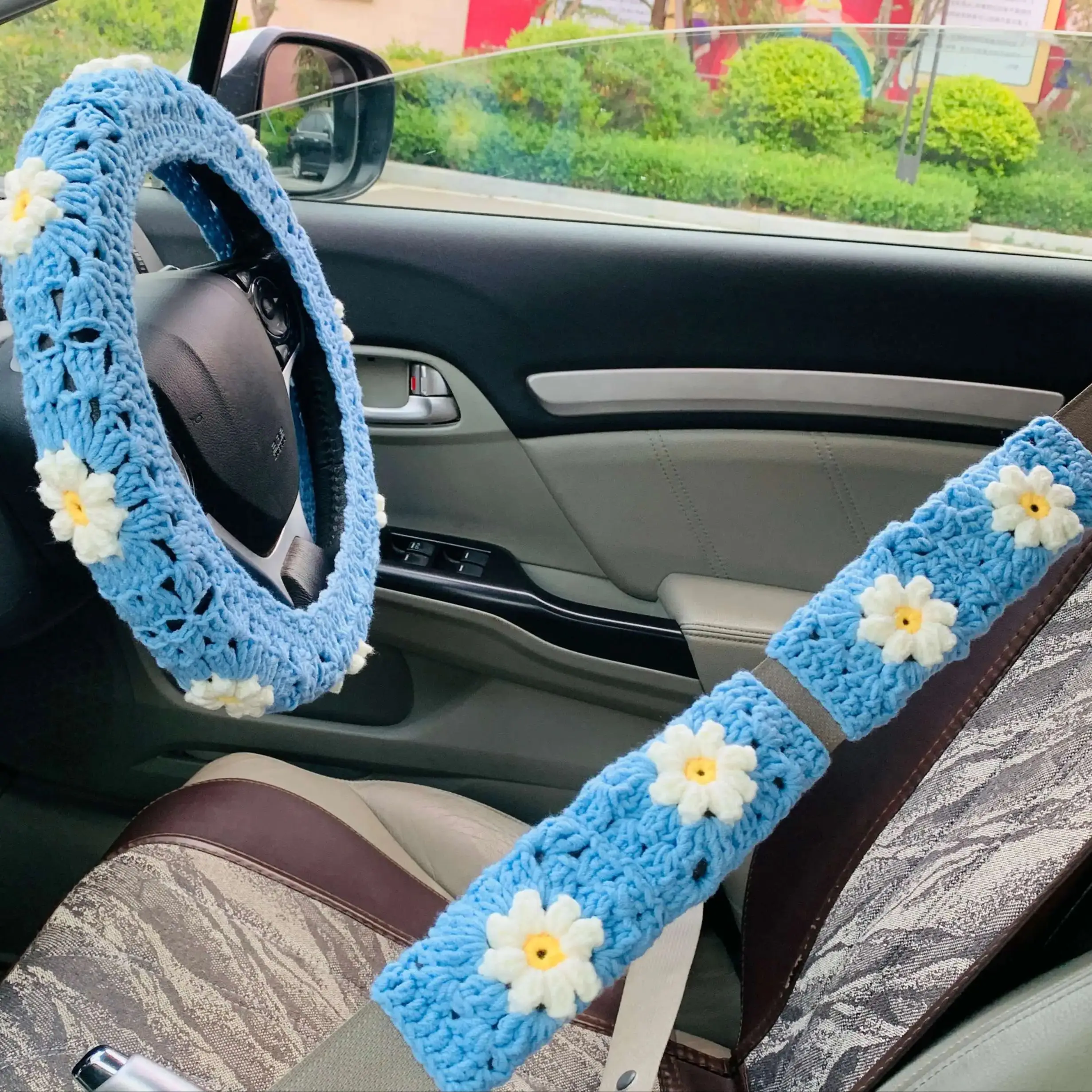 

1pc Steering Wheel Cover 2pcs Seatbelt Cover Handmade Crochet for Car Interior Decoration