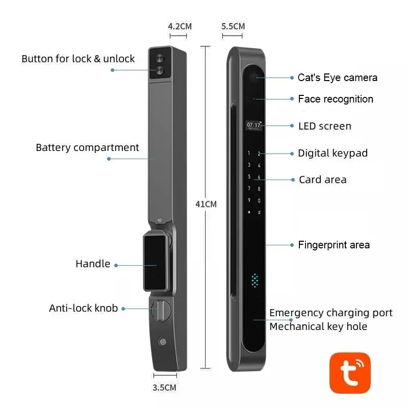 zc02 Tuya Security Keyless Smart Lock for Wood Doors 3D Face Fingerprint Recognition Wi-Fi Intelligent Electronic Magnetic Lock