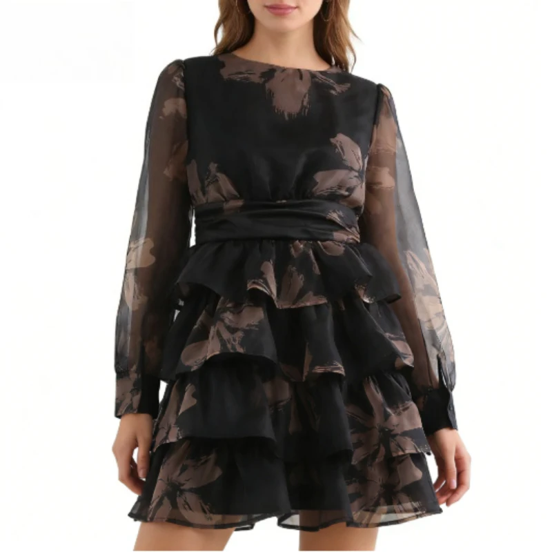 

French Design Organza Tiered Dress | Romantic V-Neck Ruffle Cake Midi Skirt