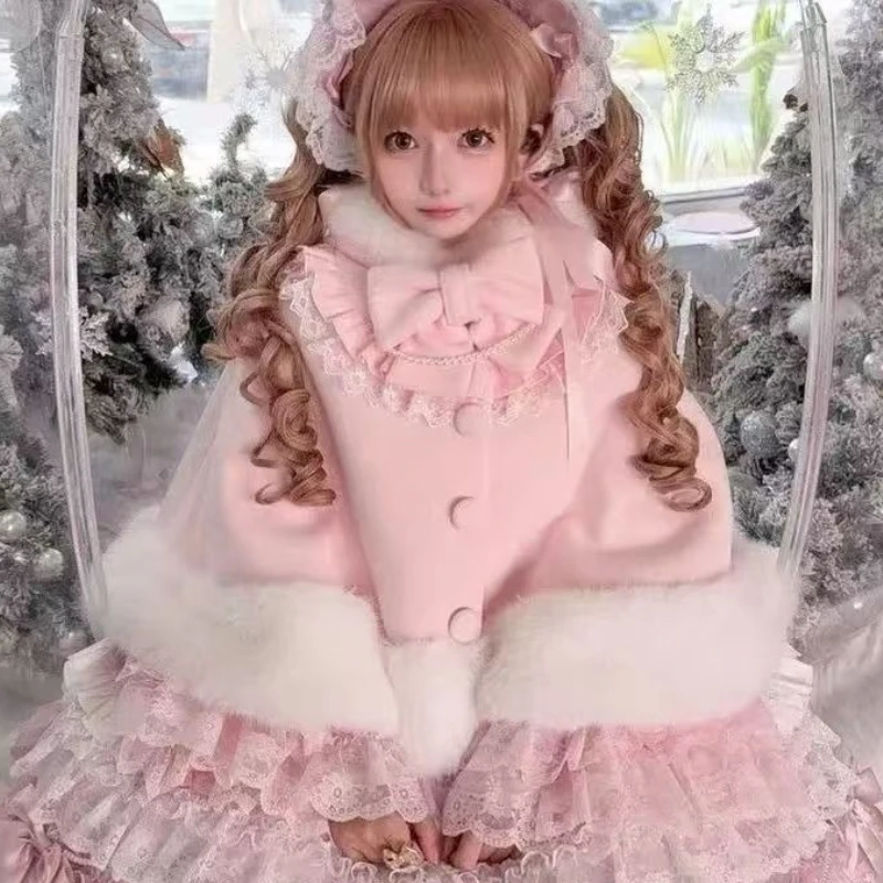 Japanese Lolita Sweet Cat Ears Hooded Cloak Women Y2k Aesthetic Single Breasted Coats Harajuku Kawaii Fur Patchwork Bow Jackets