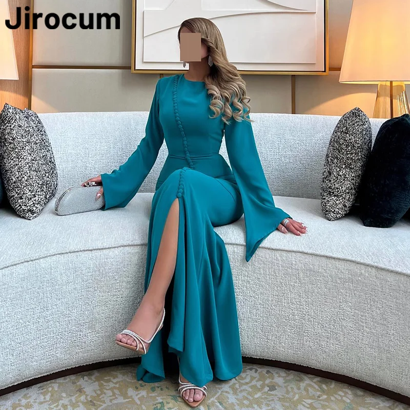 Jirocum-Elegante Sereia Vestido de Noite Feminino, Manga Comprida, Botão Para Cima, O Neck, Até o Chão, Festa, Formal Vestidos Ocasião