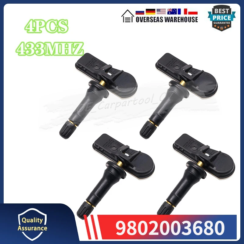 

9802003680 433MHZ TPMS SENSOR Car Tire Pressure Monitor Sensor 4Pcs For Citroen Berlingo Multispace C5 C-Elysee Peugeot 301