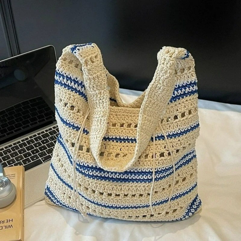 

Модная полосатая вязаная сумка-тоут с ручками, вместительная, для отпуска и поездок, пляжная сумка, удобная и текстурная, универсальная сумка через плечо