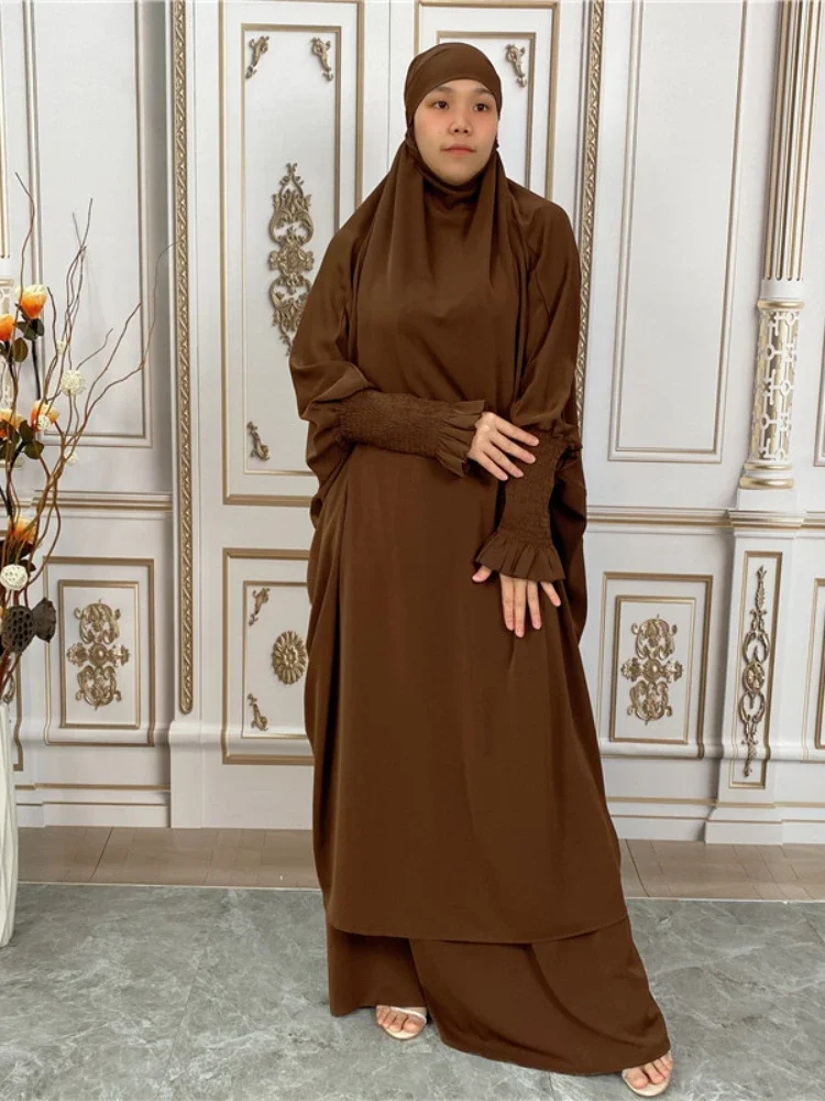 Eid Hooded Muslim Women Dress Nida Prayer Garment 2 Piece Jilbab Skirt Set Abaya Long Khimar Ramadan Gown Islamic Clothes Niqab