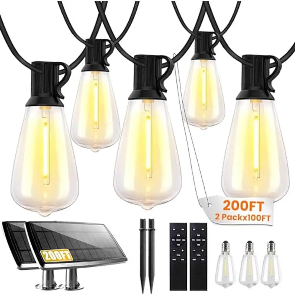 Outdoor Solar String Lights Remote Control Dimmable Waterproof Weatherproof 200FT with ST38 Edison Bulbs Timer USB Charge