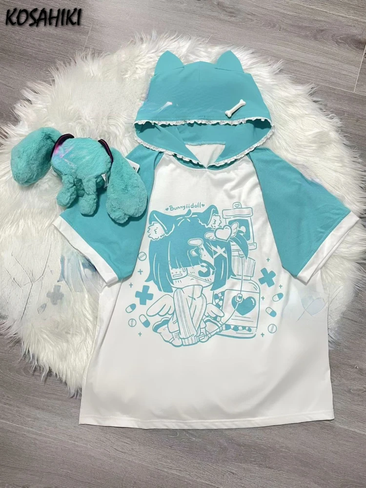 Japanese Kawaii Cartoon Print Long T-shirt Women Cute Contrast Hooded Tops Summer Harajuku Lace Patchwork Y2k Aesthetic Tops Tee